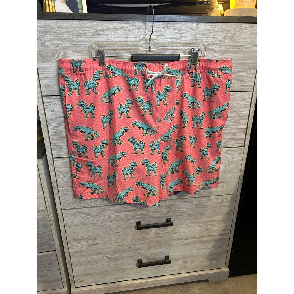 Members Mark Mens Resort Swim Trunks Pink Blue T-Rex Dinosaur Compression XXL